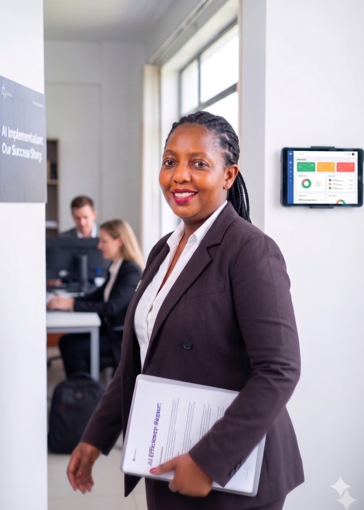 Professional in a modern office holding an AI efficiency report, with team collaboration in the background